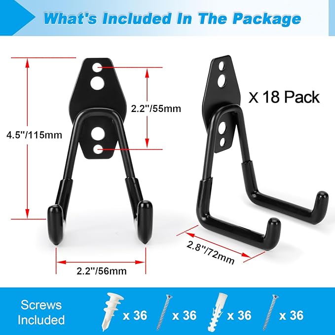 18 Pack Garage Hooks Heavy Duty - Supports 100 lbs, Utility Steel Garage Hanger & Organizer for Organizing Garden Lawn Tools, Ladders, Garden Hose, Digging Shovel, Bikes, Ropes-NeatNest
