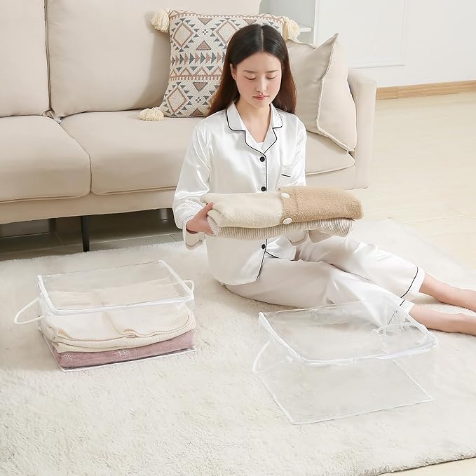 10 PCS Clear Zippered Storage Bags with Handle,Sweater Storage with Zipper,Foldable Closet Organizer Bed Sheet Organizer,Cube Plastic Organizer,Bag,Bin for Clothes,Towel-15.7 * 11.8 * 7.9-NeatNest