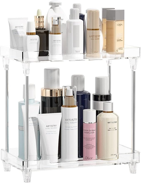 Bathroom Organizer Countertop for Makeup Cosmetic Perfume Skincare Bathroom Supplies and More, Multi-Functional Acrylic 2-Tier Vanity Tray Corner Shelf in Dresser and More