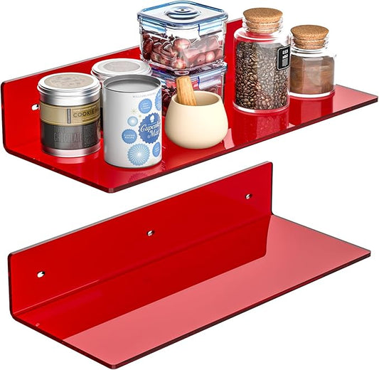 15 Inches Red Acrylic Shelves, Wall Mounted Shelves for Bedroom, Wall Display Shelves for Collectibles, Funko Pop, Speaker, Plants, 2 Pack-NeatNest