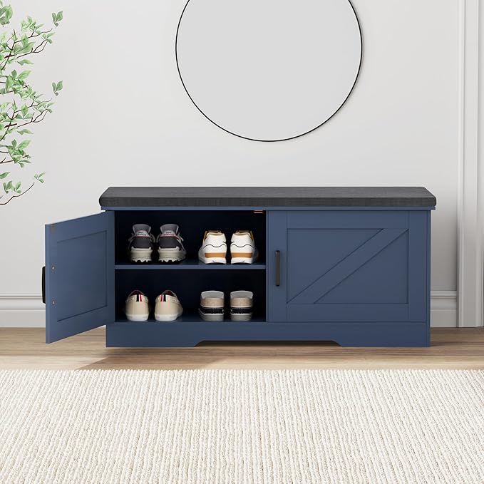 2-Tier Storage Bench, Shoe Bench with Padded Seat Cushion, Entryway Bench with 2 Barn Doors, Adjustable Shelf, 13.8" D x 39.4" W x 17.7" H, for Entryway, Living Room, Bedroom, Blue-NeatNest