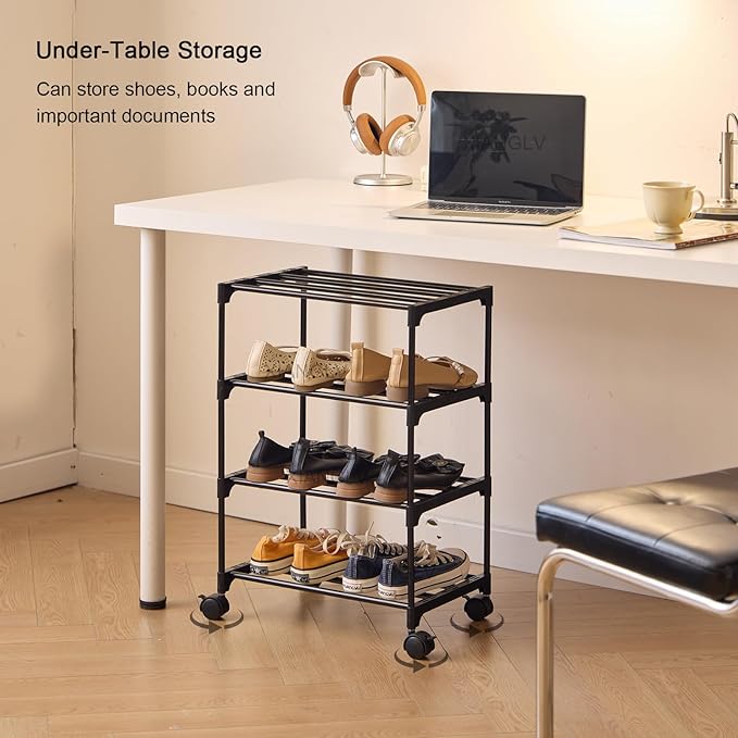 5-Tier Small Shoe Rack with Wheels, Slide-Out Metal Shoe Racks Storage, Anti-Rust Coating, Stackable Design - 16.9W for Entryway, Kitchen, Living Room & Office - Black