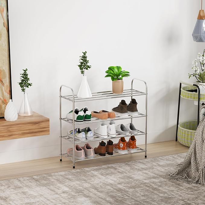 4 Tier Expandable Shoe Rack for Closet, Stainless Steel Shoe Shelf, Strong Weight Capacity Shoes Organizer, Easy to Install and Saving Space Standing Shelf with Sturdy Frame(4 Tier)-NeatNest