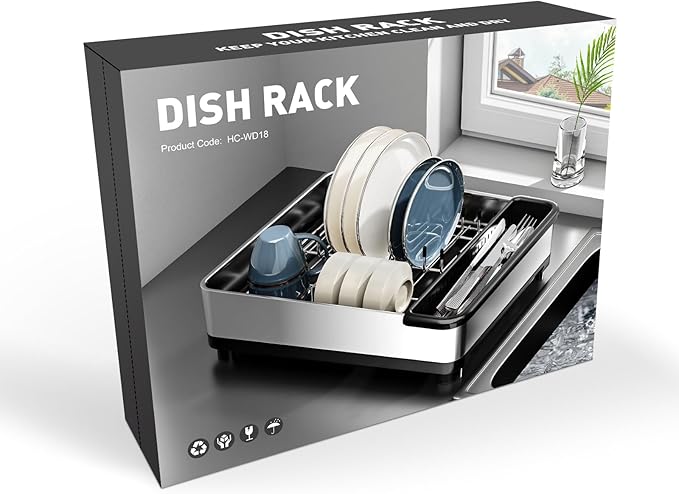 Dish Drying Rack, 304 Stainless Steel Dish Racks for Kitchen Counter, Compact Sink Dish Drainers with Drainboard & Utensil Holder, Space Saving Kitchen Organizer, Black