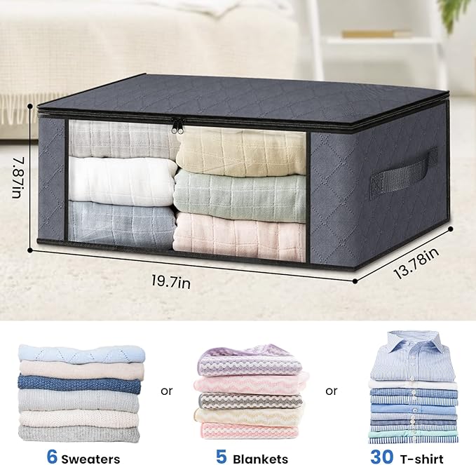HomeHacks Storage 8-Pack Clothes Organizer Storage Bags Foldable Storage Box with Large Clear Window Sturdy Handles for Closet, Dorm, Pillows, Bedding, Clothes, Blankets, 35L, Grey-NeatNest