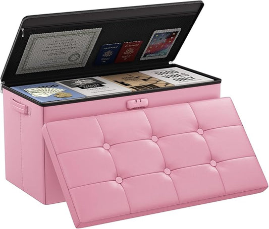 DocSafe Storage Ottoman Bench with Lock,Fireproof 30 Inches Folding Bench Foot Rest Stool Storage Chest Safe for Living Room,Bedroom,Home Office,Waterproof Leather Ottoman with Handles,Pink-NeatNest