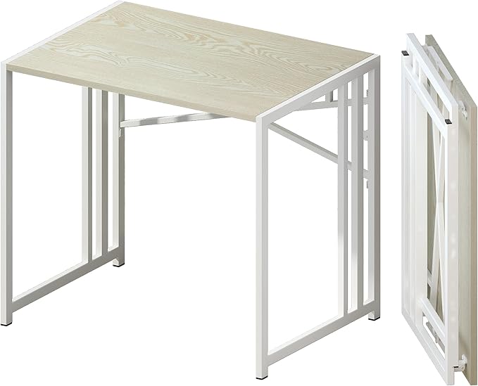 32 inch Small Folding Desk, Writing Gaming Computer Camping Desk for Small Spaces, No Assembly Required Home Office Desk, Natural and White-NeatNest