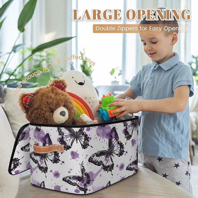 Butterfly Storage Bins with Zipper Lid, Watercolor Butterfly Lidded Storage Baskets Boxes Foldable Organizer with Leather Handles for Clothes Closet Shelf Toys-NeatNest