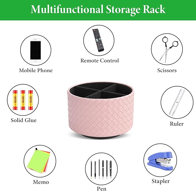 Hennaja Round Leather Art Supply Organizer,Remote Control Holder,360 Degree Spinning,Multi-Functional Pencil Holder,4 Compartments Desktop Stationary Organizer(1-Weave Pink)-NeatNest