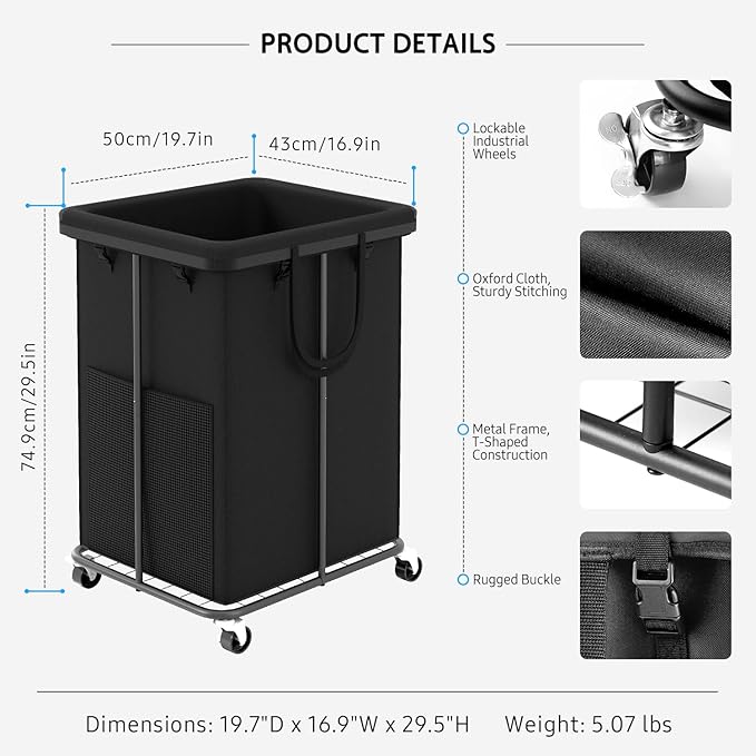 150L Large Laundry Hampers Basket with Removable Washing Bag, Oxford Fabric Laundry Hamper Clothes Hampers, Metal Frame Design with Wheels, Suitable for Bedroom, Laundry Room (Black with Bag)