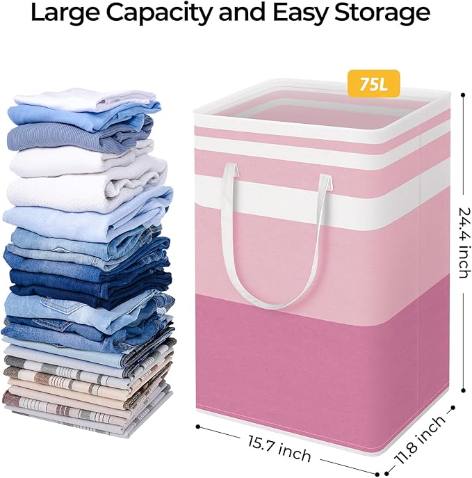 HomeHacks 2 Pack Large Laundry Baskets, Waterproof, Freestanding Laundry Hampers, Collapsible Clothes Hamper with Reinforced Handles in Laundry, College Dorm, Bathroom, Bedroom (Grey+Pink, 75Lx2)-NeatNest