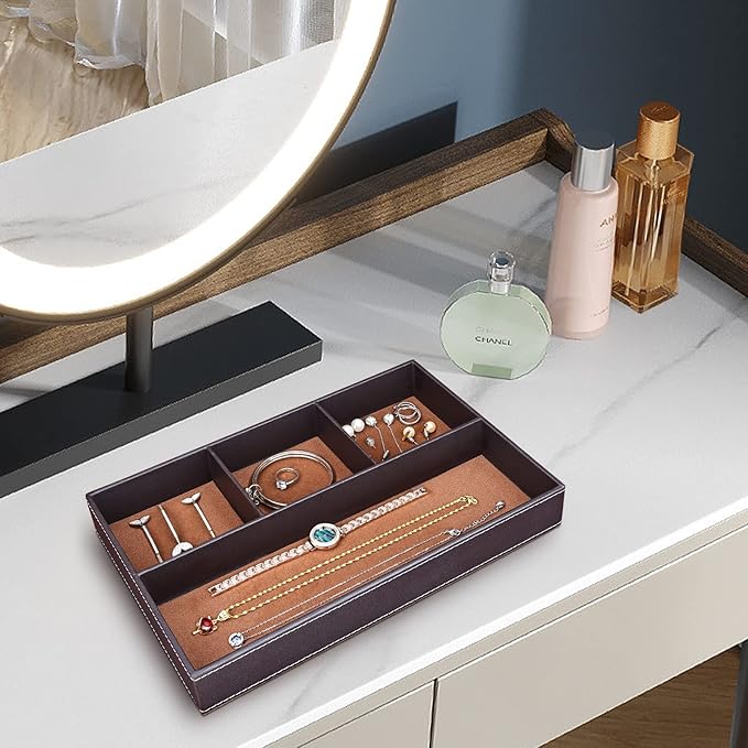 GORESE Faux Leather Valet Tray for Men, Stackable Jewelry Organizer for Drawers Inserts, Nightstand Caddy Tray for Key, Wallet, Sunglass, Watch, Coin, Phone, Bedside Desktop Storage Brown-NeatNest