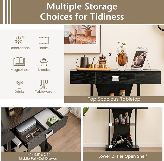 Giantex Narrow Console Table T-Shaped - Behind Couch Table with Drawer, Shelves, Dual Anti-Tipping Kits, Modern Foyer Table, Sofa Side Table for Living Room, Entryway, Hallway, Entry Table (Black)-NeatNest