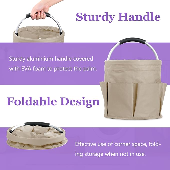 17L Cleaning Supply Caddy with Soft Handle, Portable Shower Caddy in 600D Oxford Fabric, Garden Tool Organizer Bag, Multifunctional Storage Basket for Bathroom, Garden, Khaki-NeatNest