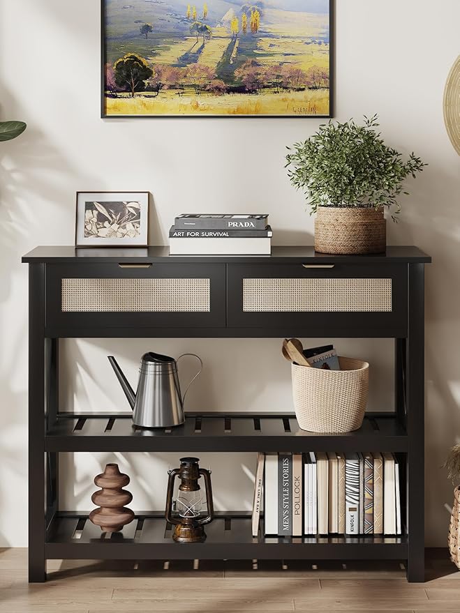 Console Table with 2 Rattan Drawers, Wooden Entryway Table with 3-Tier Storage Shelves, Display Shelf for Entryway, Hallway, Foyer and Living Room, Black-NeatNest
