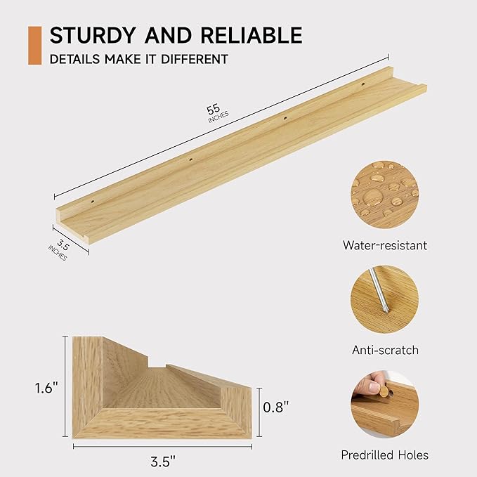 Floating Picture Ledge Shelves for Wall Set of 2, 55 Inches Picture Shelf with Ledge, Nursery Book Shelf for Toys Storage Kids Bookshelf Wall Mounted Living Room Bedroom Decor Frames, Oak-NeatNest