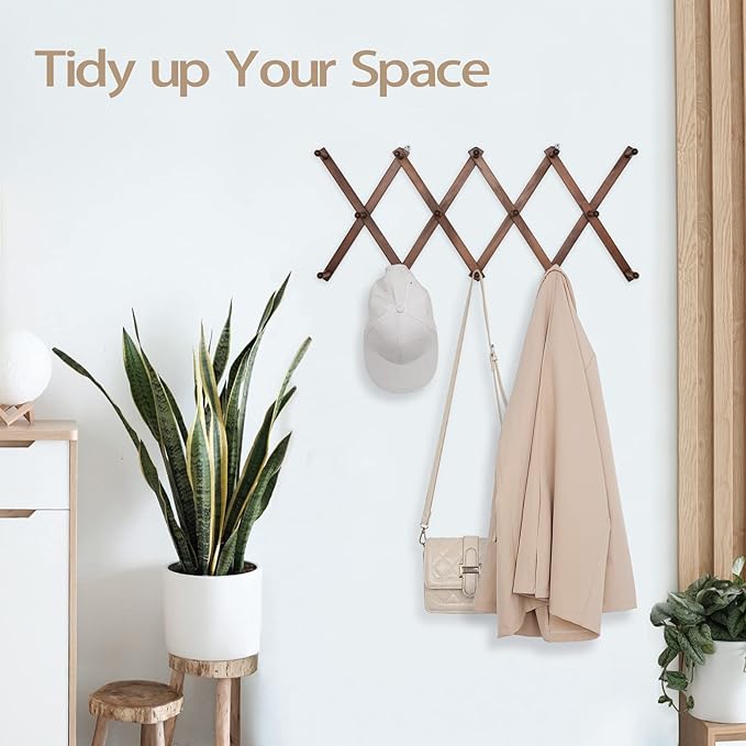 16 inch High Accordion Wall Hanger with 14 Hooks, Wooden Wall Expandable Coat Rack for Coat, Hats, Baseball Caps, Coffee Mug, Jewelry-NeatNest