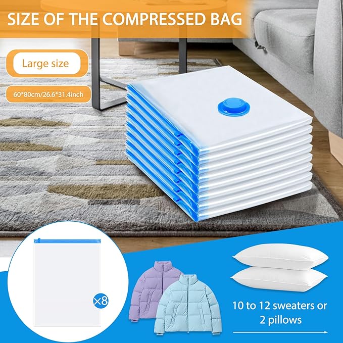 8 Pack Large Vacuum Storage Bags, Vacuum Seal Bags for Clothing with Hand Pump, 80% Space Saver Bags for Clothes, Pillows, Comforters and Blankets, Home Travel Essentials-NeatNest