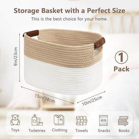 Cotton Rope Storage Baskets, 15x10x9 in, Rectangular, White/Beige-1Pack, Modern, Durable, Easy To Use, Foldable, Laundry, Storage, Decoration-NeatNest