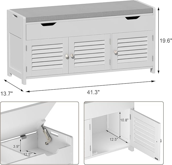 ChooChoo 41.3" Shoe Storage Bench with Lift Top Storage, Entryway Bench with Cushioned Seat, Adjustable Shelf, Shoe Cabinet with Hidden Space, for Entryway, Bedroom, Living Room, White-NeatNest