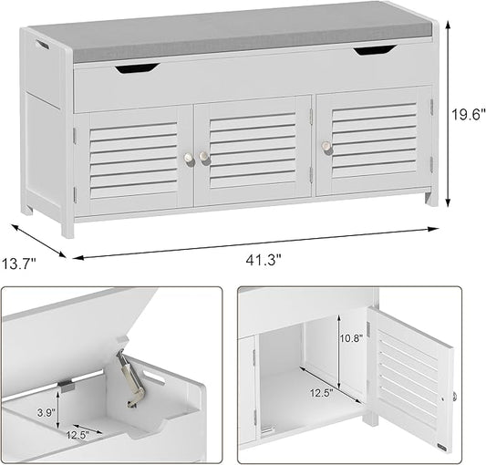 ChooChoo 41.3" Shoe Storage Bench with Lift Top Storage, Entryway Bench with Cushioned Seat, Adjustable Shelf, Shoe Cabinet with Hidden Space, for Entryway, Bedroom, Living Room, White-NeatNest