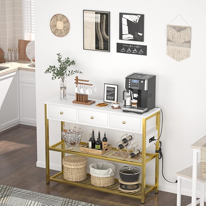 Ecoprsio 47'' Entryway Table with Outlets and USB Ports, Console Table with 3 Drawers, Sofa Table Narrow Long with Storage Shelves for Living Room, Couch, Hallway, Foyer, White and Golden-NeatNest