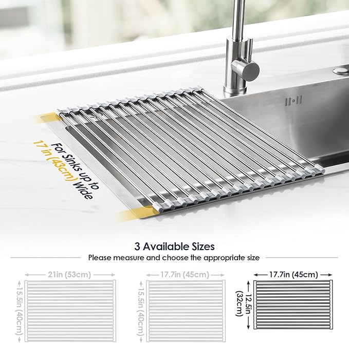 Tomorotec Stainless Steel Roll-Up Dish Drying Rack Marble Color Silicone Edges, Foldable Kitchen Rack Heat Resistant Trivet Supports up to 70 lbs, Food Safe for Dishes, Cookware & More