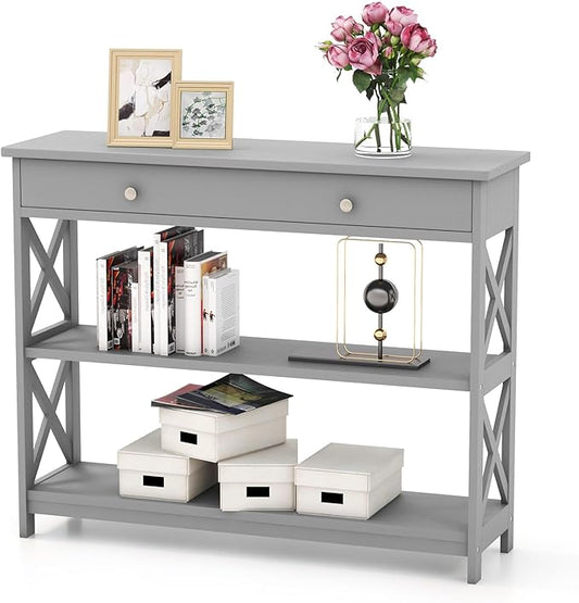 GOFLAME 39" Console Sofa Table with Drawers, 3-Tier Narrow Entry Table with Storage Shelves for Living Room Behind Couch, Entryway, Hallway (Grey)-NeatNest