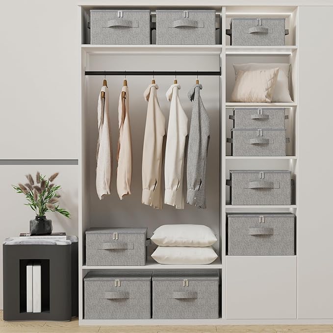 Blanket Bags with Lid, Foldable Underbed Storage Bins, Home Basket Container for Organizing Clothes, Shoes, Pillows, 14.9x10.2x5.9Inches, Grey, 2 Pack-NeatNest