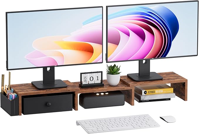 Dual Monitor Stand Riser, Adjustable Length & Swivel Angle Monitor Stand, Ergonomic Monitor Stand with Drawer & Side Pockets, Desktop Organizer and Office Desk Accessories, Rustic Brown
