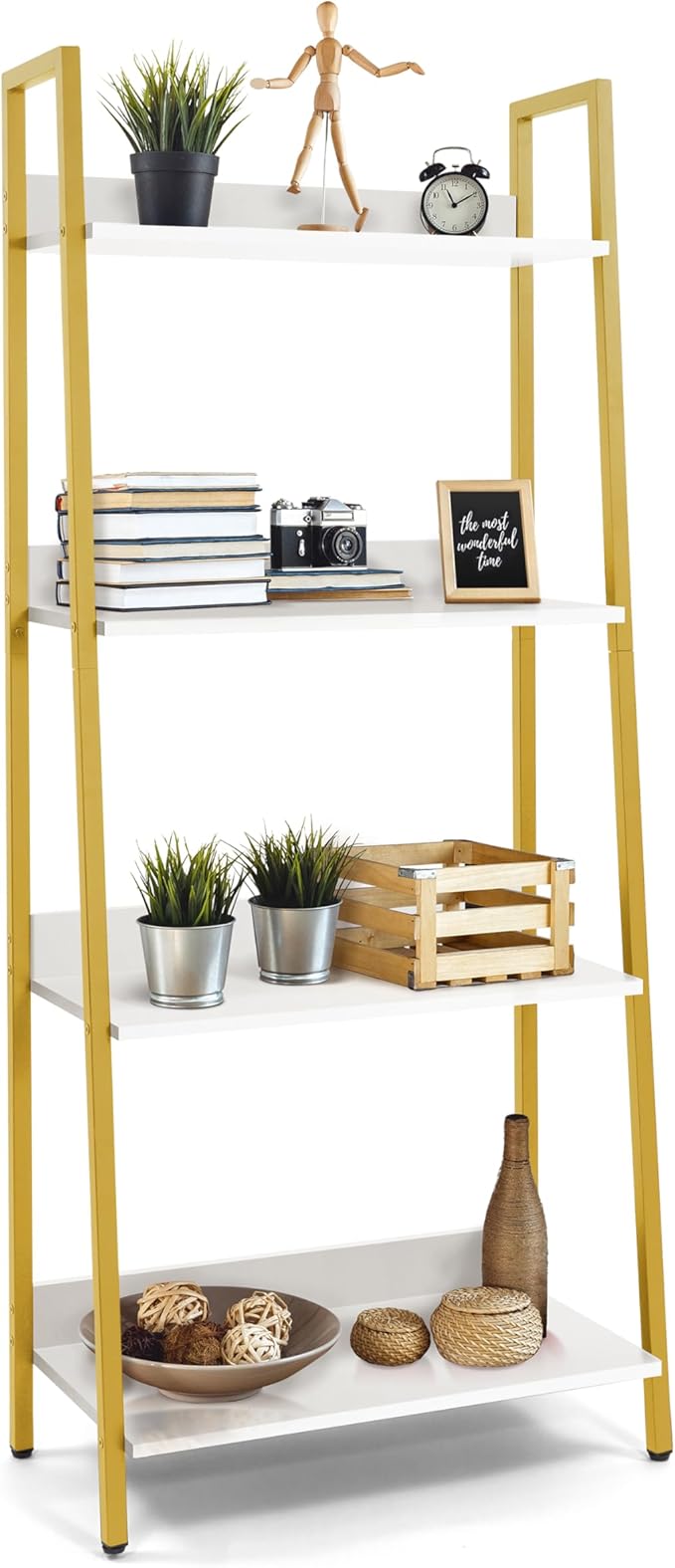 CAPHAUS 4 Tier Ladder Bookshelf, 24 Inch Width Free Standing Shelf, Bookcase Shelf Storage Rack Organizer, Industrial Book Shelves for Home Office, Living Room, Kitchen, White Shelves & Gold Frame-NeatNest