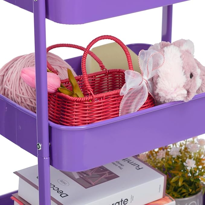 AGTEK Makeup Cart, Movable Rolling Organizer Cart, 3 Tier Metal Utility Cart with Lockable Wheels for Home & Office, Violet-NeatNest
