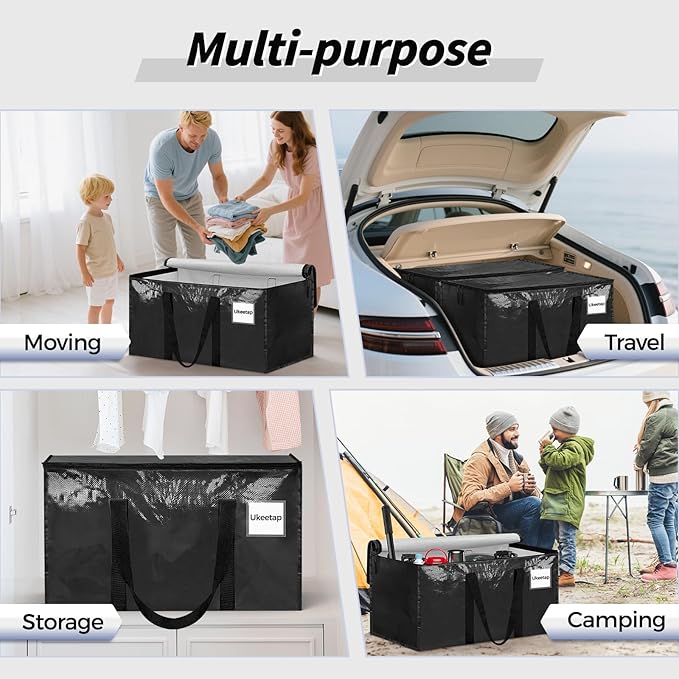 16 Pack Extra Large Heavy Duty Moving Bags, Black Storage Bins with Lids, Reinforced Handles & Heavy-Duty Zippers Moving Boxes Storage Bags Totes for Clothes Packing, Dorms, College Supplies, Black