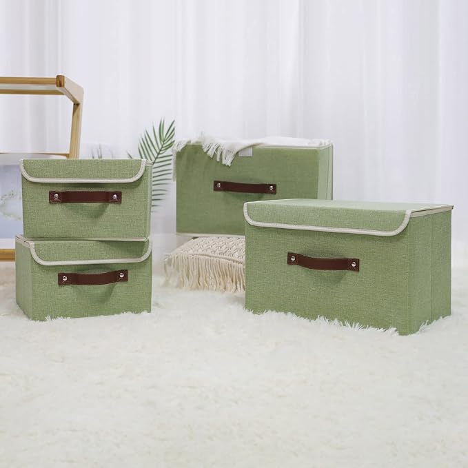 ANMINY 2PCS Storage Bins with Lid PU Leather Handles Storage Boxes PP Plastic Board Decorative Foldable Lidded Cotton Linen Fabric Home Cubes Baskets Closet Organizer Containers - Green, Small Size-NeatNest