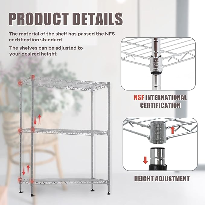 3-Tier Wire Shelving Unit Storage Shelves Shelf Organizer 30"x23"x12" Heavy Duty Metal Storage Rack Wire Rack NSF Height Adjustable for Laundry Bathroom Kitchen Garage Shelving(Chrome)