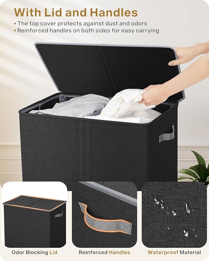 SOLEDI Double Laundry Hamper with Lid, 130L Clothes Hamper 2 Section, Laundry Basket with Removable bag, Bed room decor aesthetic, laundry room organization, Home and dorm room essentials-NeatNest