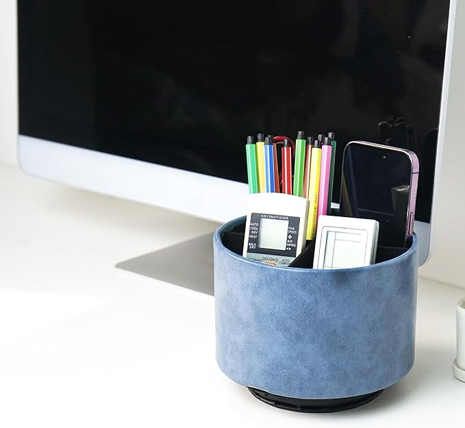 Hennaja Round Leather Art Supply Organizer,Remote Control Holder,360 Degree Spinning,Multi-Functional Pencil Holder,4 Compartments Desktop Stationary Organizer(1-Oil Blue)-NeatNest