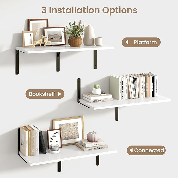 Fun Memories Floating Shelves for Wall, 12 Inch Deep Floating Shelves Set of 2, Wall Mounted Shelf with Metal Brackets, Rustic Wood Wide Shelf for Bathroom, Kitchen and Living Room, White, 32W x 12D-NeatNest