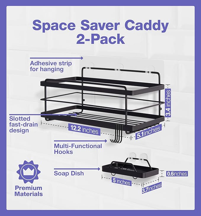 KINCMAX Premium Shower Caddy with Soap Holder - Adhesive Bathroom Shower Organizer and Storage w/ 4 Hooks, No Drill Shower Shelves for Inside Shower, Rustproof Stainless Steel Shower Rack, Black