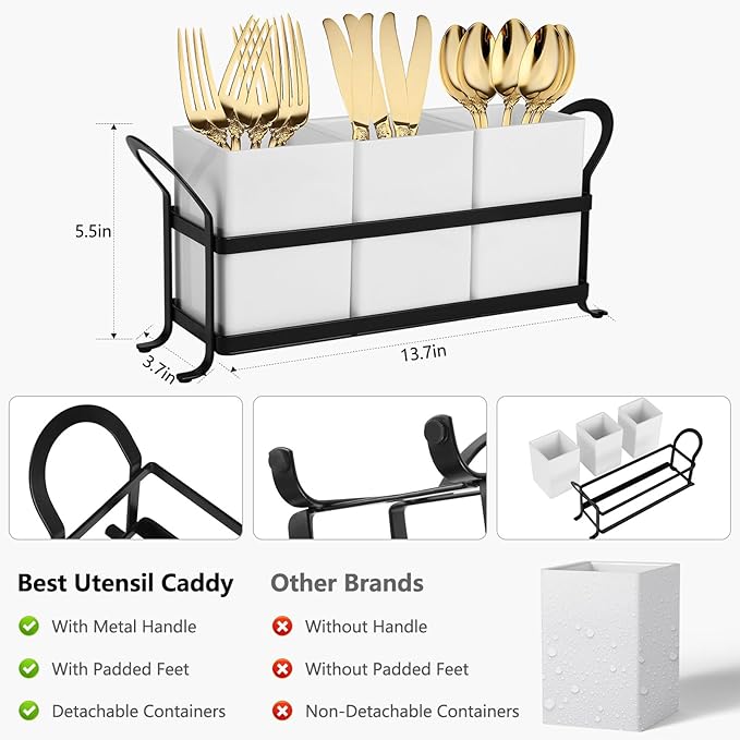 Cutlery Holder with Drain Holes, Silverware Caddy for Party Countertop, Resin Utensil Holders Silverware organizer for Spoon and Fork, White Black-NeatNest