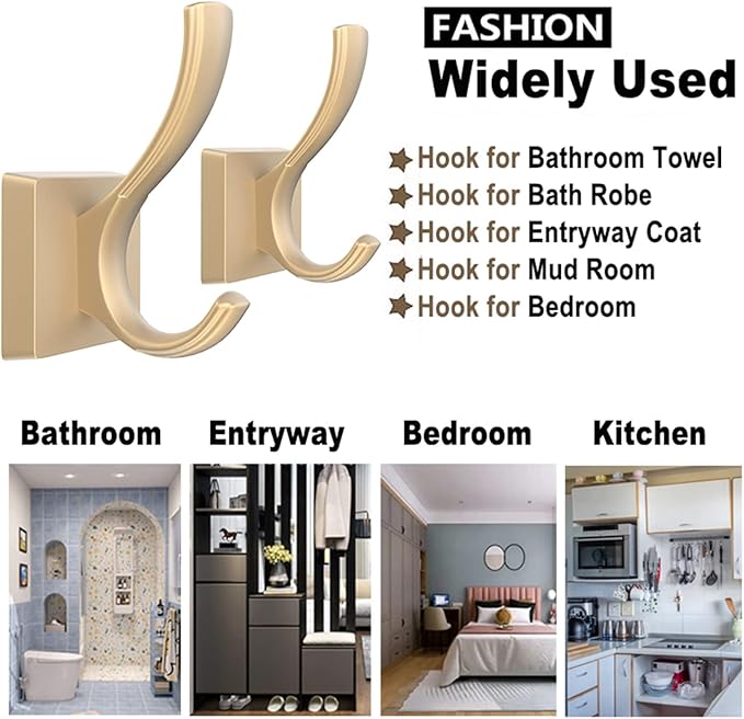 Gold Towel Hooks for Wall, Heavy Duty Thick Metal Bathroom Coat Hooks for Hanging Key Robe Hat Backpack, Wall Mount Hooks Bath Kitchen Garage Hooks(8 Pack, Gold)