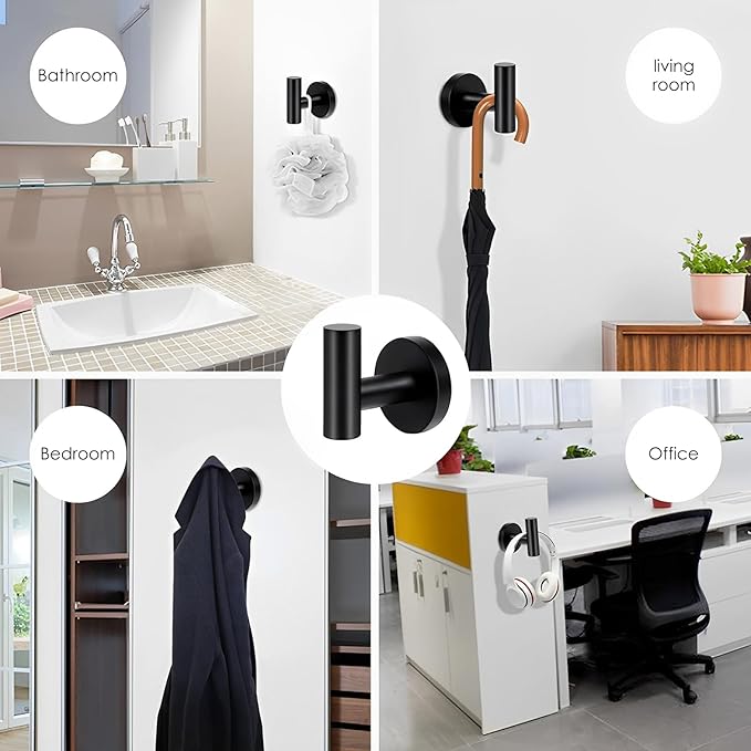 4PCS Bathroom Towel Hook, Black Coat Robe Hook Matte Black, Stainless Steel Wall Hook for Bathroom Bedroom Kitchen Cabinet Closet Hotel, Heavy Duty Drill-Installed Door/Wall Hanger