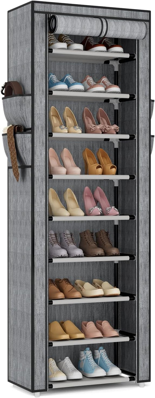 Shoe Rack with Cover Narrow Shoe Rack Organizer with 4 Side Pockets 10 Tier Tall Shoe Storage Shoe Shelf Holds 18-22 Pairs Shoes and Boots Shoe Rack for Closet, Printing-NeatNest