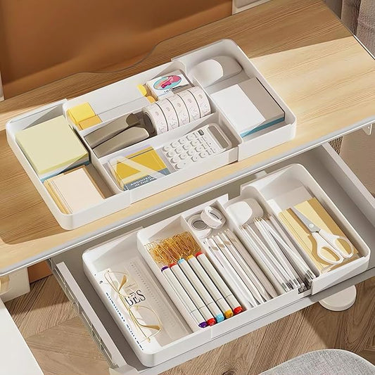 Shallow Drawer Organizer, 2 Pack Expandable Office Drawer Organizers Dividers, Pen Organizer for Desk, Tray Box Accessories for Desktop, Bathroom, Kitchen, Makeup, Vanity, Medicine-NeatNest