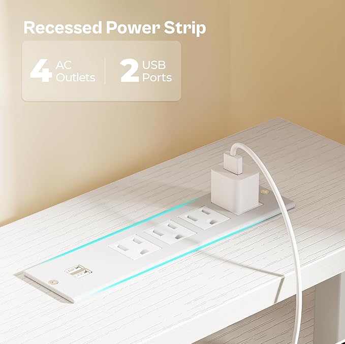 Huuger 55 inch Computer Desk with 4 Drawers, Gaming Desk with LED Lights & Power Outlets, Home Office Desk with Large Storage Space for Bedroom, Work from Home, White-NeatNest