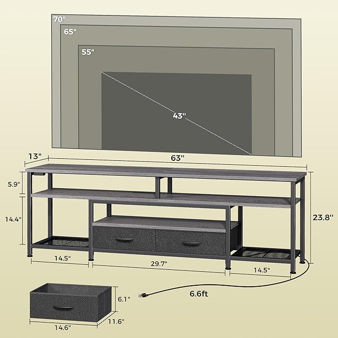 Huuger TV Stand for 65 70 Inch TV, Entertainment Center with Power Outlets and LED Lights, TV Console for Living Room, Media Console with Drawers and Shelves, Grey-NeatNest