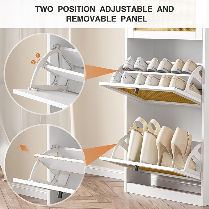 Rattan Shoe Cabinet with 3 Flip Drawers,Narrow Shoe Rack Cabinet with Adjustable Shelves,3 Tier Shoe Storage Organizer for Hallway,Entrance,White-NeatNest