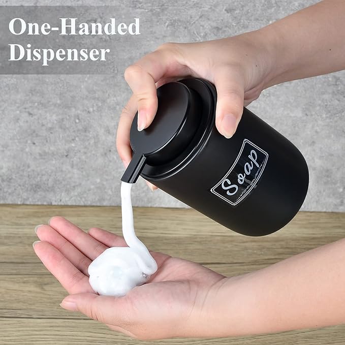 BosilunLife Foaming Soap Dispenser Set - Black Ceramic Foam Hand Dispenser 12oz Soap Dispenser Set with Rust Proof Pump, 4Pcs Clear Stickers for Kitchen, Bathroom - 2 Pack-NeatNest
