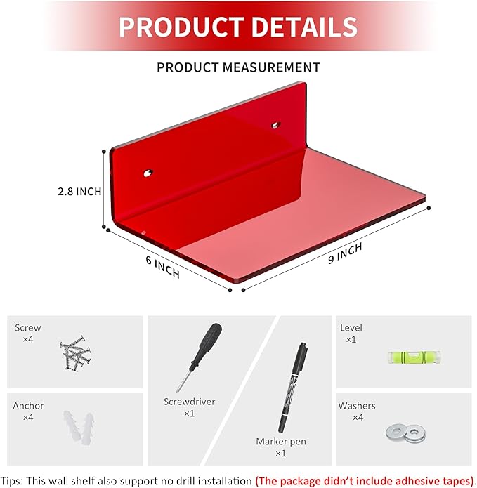 9 Inch Red Acrylic Small Wall Shelf, Home Wall Display Ledges for Storage, Room Décor, Space Saving, Items Organizer, 2 Pack-NeatNest