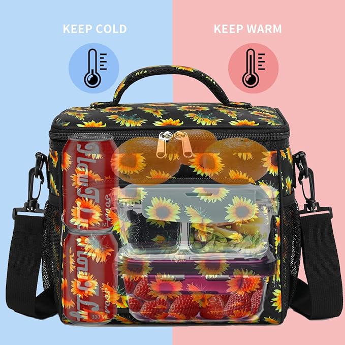 FlowFly Insulated Reusable Lunch Bag Adult Large Lunch Box for Women and Men with Adjustable Shoulder Strap,Front Zipper Pocket and Dual Large Mesh Side Pockets,Sunflower-NeatNest